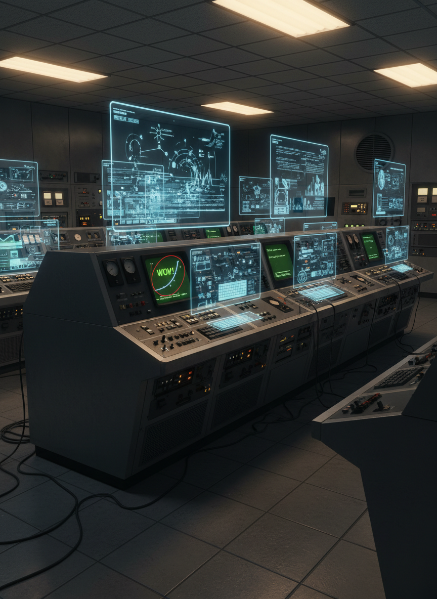A dark, meticulously detailed control room filled with vintage 1970s computer consoles and oscilloscopes, all arranged in neat rows, yet overlaid with subtle holographic projections from 2045 technology. Photographic realism shows textured metal toggle switches, green CRT screens flickering with the “Wow!” signal printout, and sleek transparent UI elements hovering above. Dim overhead fluorescents mix with cool blue light from the screens, creating a moody, cinematic glow and soft reflections on brushed aluminum panels. The camera is at eye level, using the rule of thirds to frame the central console where a red circled graph of the signal stands out. The mood is suspenseful and analytical, merging retro science with near-future dread in a clean, professional sci-fi composition.