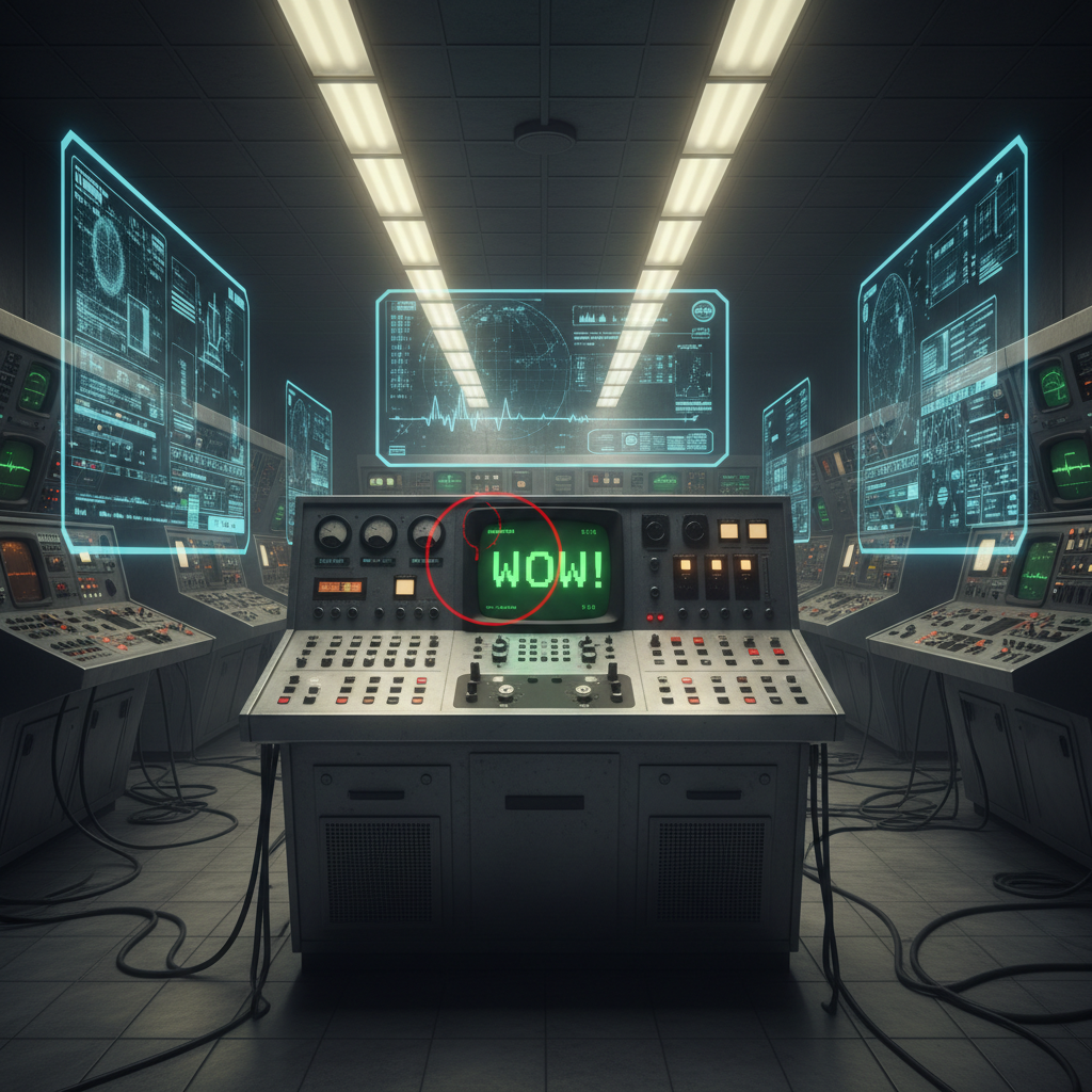 A dark, meticulously detailed control room filled with vintage 1970s computer consoles and oscilloscopes, all arranged in neat rows, yet overlaid with subtle holographic projections from 2045 technology. Photographic realism shows textured metal toggle switches, green CRT screens flickering with the “Wow!” signal printout, and sleek transparent UI elements hovering above. Dim overhead fluorescents mix with cool blue light from the screens, creating a moody, cinematic glow and soft reflections on brushed aluminum panels. The camera is at eye level, using the rule of thirds to frame the central console where a red circled graph of the signal stands out. The mood is suspenseful and analytical, merging retro science with near-future dread in a clean, professional sci-fi composition.