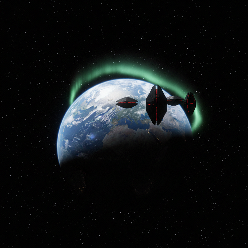 An expansive, hyper-realistic view of Earth from orbit in 2045, half in shadow, floating against a deep black backdrop scattered with sharp, white stars. Near the planet, a cluster of geometric, obsidian-black alien structures hangs motionless, their surfaces absorbing most light but revealing faint, menacing red lines that pulse like a countdown. A thin veil of aurora glows electric green along Earth’s limb, subtly distorted near the alien presence. Designed in photographic realism, the scene is lit by harsh, directional sunlight that carves bright highlights along Earth’s clouds while leaving the alien objects in ominous semi-silhouette. Captured from a wide, cinematic perspective with strong contrast and crisp detail, the mood is foreboding and epic, emphasizing looming invasion and fragile planetary vulnerability.