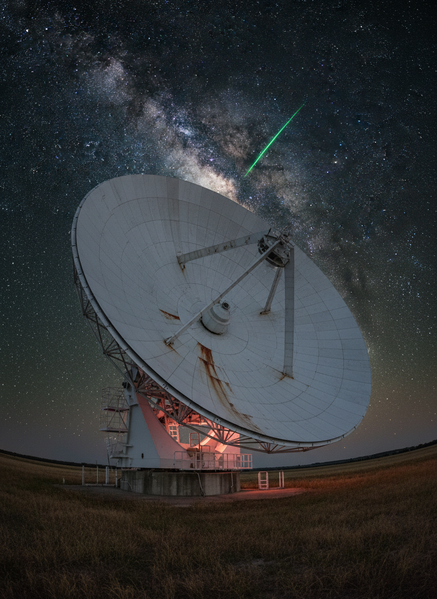 A high-resolution, photographic realism scene of a massive radio telescope dish in rural Ohio at night, its pale metallic surface beaded with dew and faint rust streaks. The dish is tilted toward a star-packed sky dominated by the constellation Sagittarius, where a subtle, unnatural streak of emerald light pierces the darkness. Cool moonlight and the pale red glow of instrument LEDs rim-light the curved structure, casting long, crisp shadows across dry grass and cracked concrete. Captured from a low-angle, wide-lens perspective with sharp focus throughout, the composition emphasizes the dish as a silent sentinel. The mood is tense and anticipatory, a calm landscape holding the hint of an imminent cosmic threat, with a clean, modern sci-fi aesthetic.