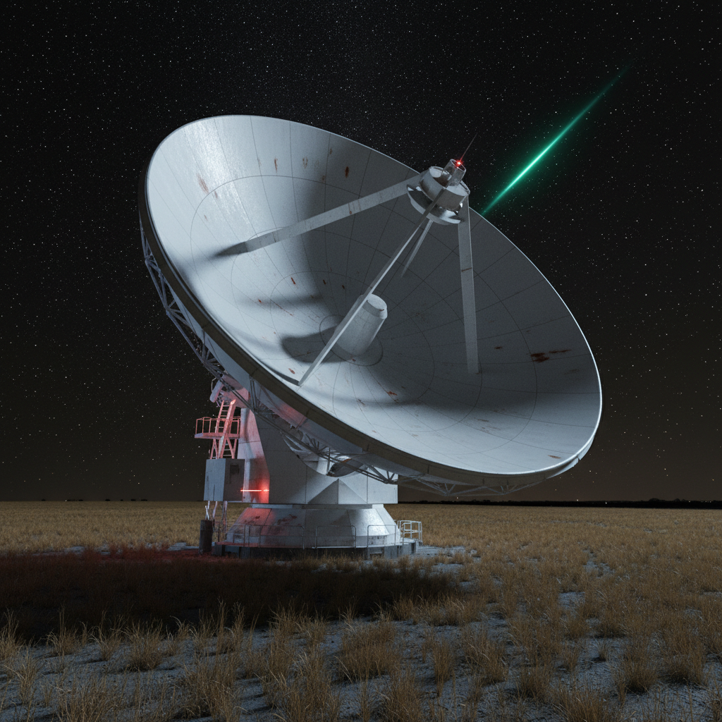 A high-resolution, photographic realism scene of a massive radio telescope dish in rural Ohio at night, its pale metallic surface beaded with dew and faint rust streaks. The dish is tilted toward a star-packed sky dominated by the constellation Sagittarius, where a subtle, unnatural streak of emerald light pierces the darkness. Cool moonlight and the pale red glow of instrument LEDs rim-light the curved structure, casting long, crisp shadows across dry grass and cracked concrete. Captured from a low-angle, wide-lens perspective with sharp focus throughout, the composition emphasizes the dish as a silent sentinel. The mood is tense and anticipatory, a calm landscape holding the hint of an imminent cosmic threat, with a clean, modern sci-fi aesthetic.