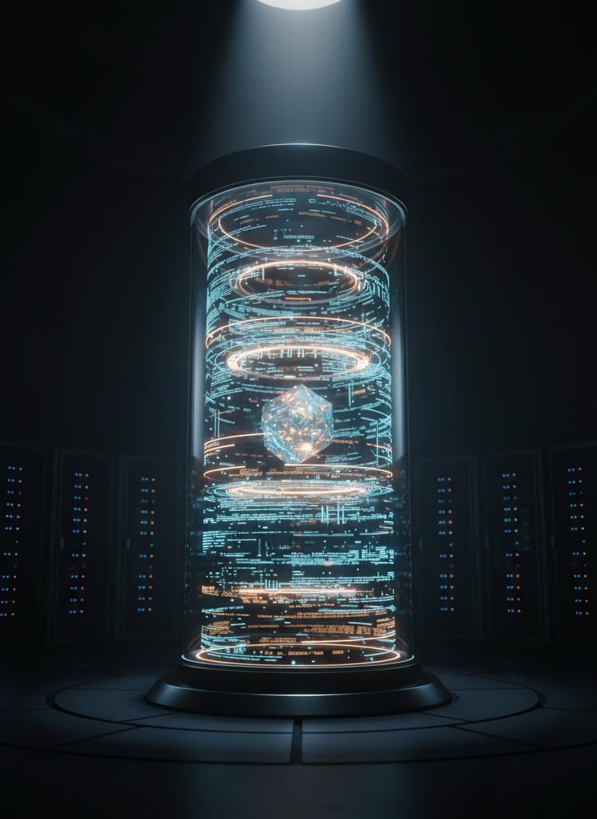 A futuristic AI core named Axon depicted as a tall, cylindrical glass chamber filled with slowly rotating translucent data rings, etched with glowing alien symbols and human code. Inside, a suspended crystalline polyhedron pulses with soft blue and amber light. The chamber stands in the center of a dark, minimalist lab, surrounded by sleek black servers with faint status LEDs. Overhead, a single spotlight creates dramatic top-down lighting, while subtle rim light along the glass edges adds clarity. Shot from a slightly low angle, the composition centers Axon with a shallow depth of field that blurs the distant equipment. The atmosphere is solemn yet protective, suggesting a loyal intelligence burdened with a terrible secret, rendered in highly realistic, cinematic sci-fi style.