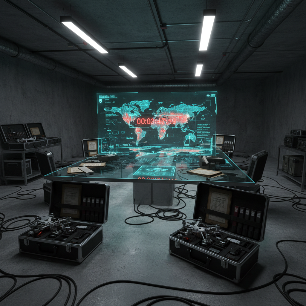 A tense, dimly lit underground war room in 2045, free of humans but filled with evidence of desperate planning. A large digital table dominates the center, its glass surface displaying a holographic world map overlaid with glowing impact zones and a pulsing countdown timer tied to the original Wow Signal coordinates. Around the room, open metal briefcases expose neatly arranged hardware, drone components, and thick printed dossiers. Overhead, narrow strip lights cast sharp, linear highlights, while the holographic map throws a cool teal glow across concrete walls and scattered cables. Shot from a slightly elevated angle with moderate depth of field, the composition leads the eye from foreground equipment to the ominous timer. The mood is urgent and claustrophobic, with a clean but gritty sci-fi realism.